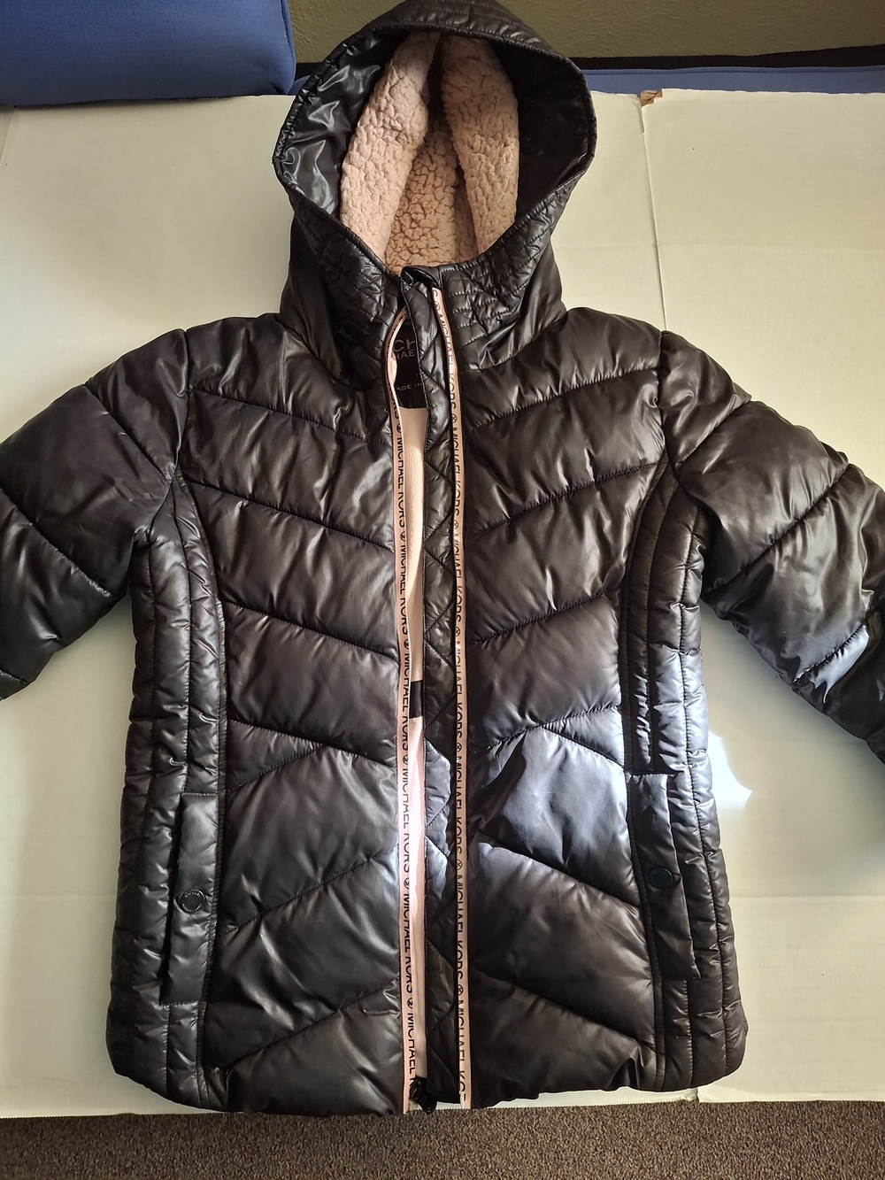 Girls' Black Puffer Coat with Faux-Sherpa Hood Lining